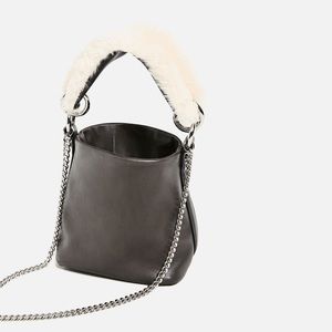 NWOT Zara Grey Leather Crossbody with Fur & Chain